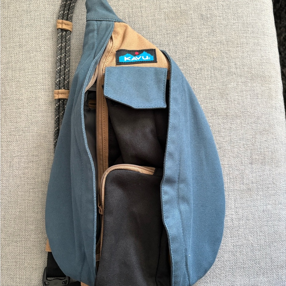 KAVU Mini- Rope Bag Two-Tone Sling, Blue and Tan